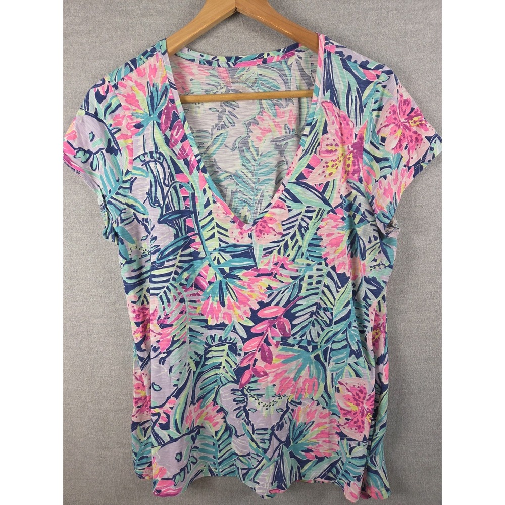 Lilly Pulitzer Etta V-Neck Top L Whisper Blue Loves Nantucket Luxe Tropical